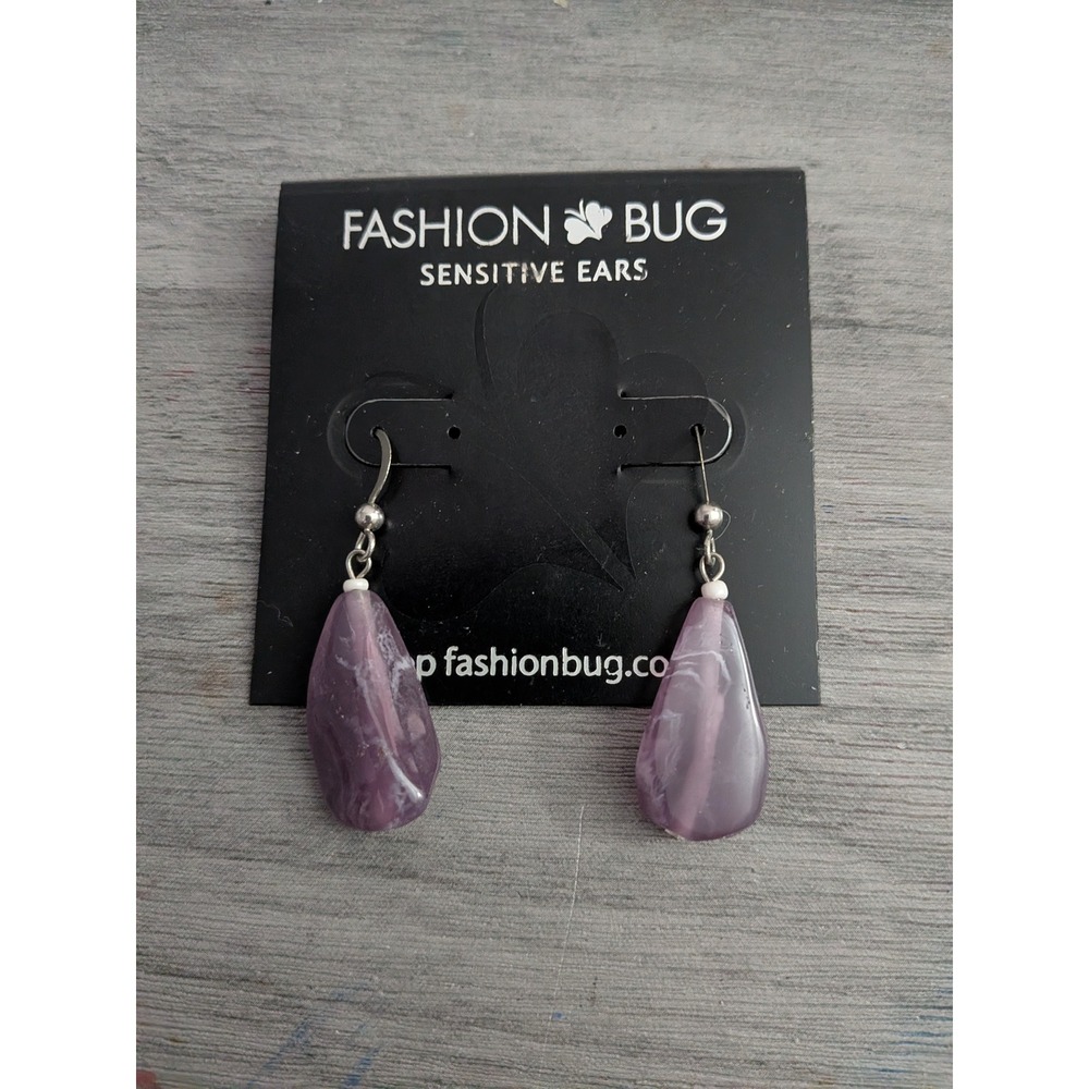 Fashion Bug Purple Marbled Teardrop Drop Earrings Sensitive Ears Silver Tone